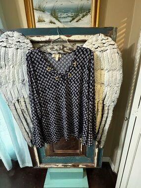Michael Kors Navy Printed Lace-Up V Neck Bell shape Long Sleeve Top